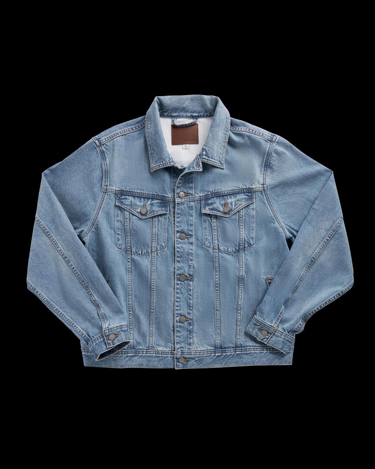 Front view of Men's Classic Denim Trucker Jacket - Acid Wash on plain background
