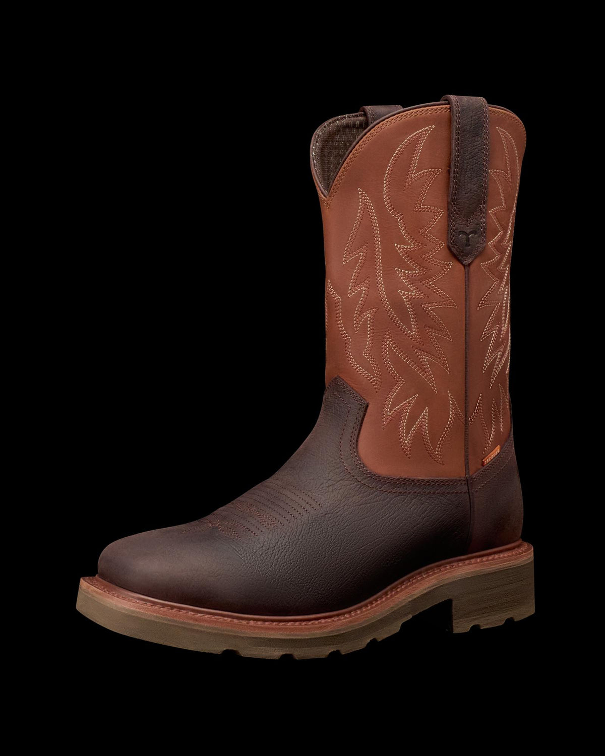 Quarterfront view of LongHaul Waterproof Square Soft Toe Work Boot with Temp Control - Dark Chocolate/Clay Cowhide on plain background