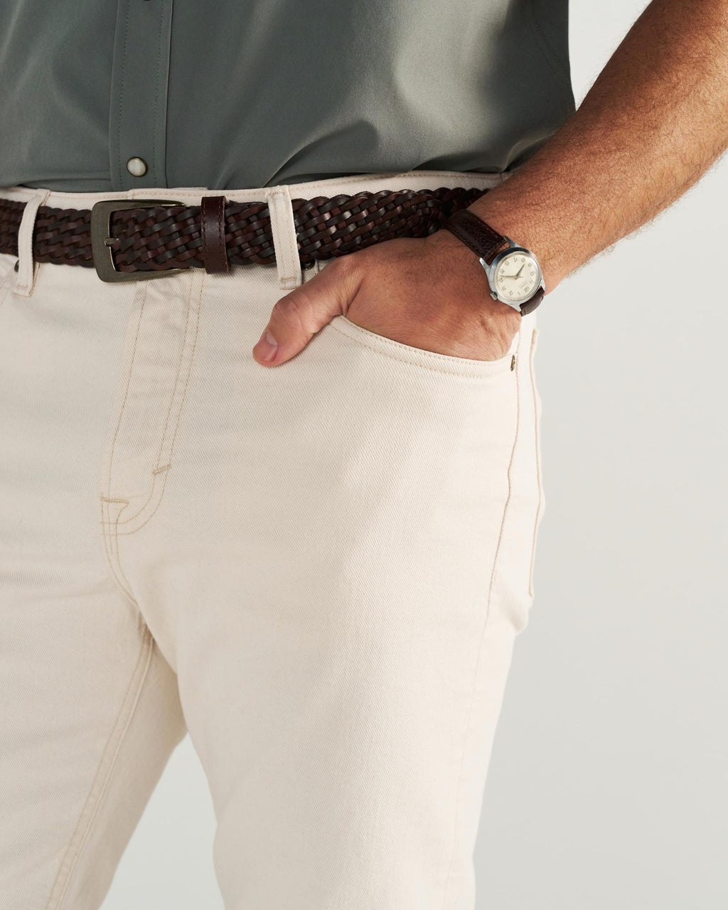 Closeup detail view of Men's Slim Straight Stretch Twill - Light Sand