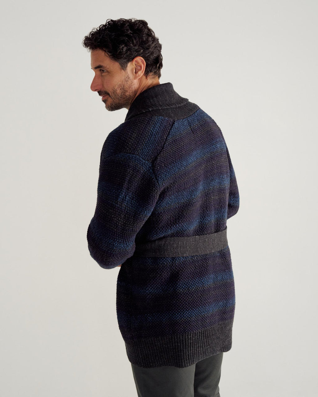 Closeup detail view of Men's Shawl Collar Wrap Sweater - Multi