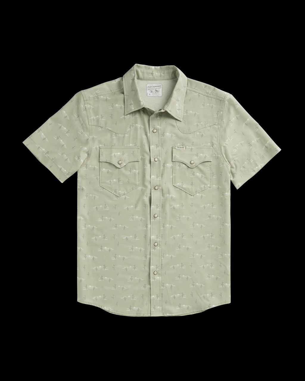 Closeup detail view of Men's Performance Western Short Sleeve Pearl Snap - Desert Sage/Light Sand