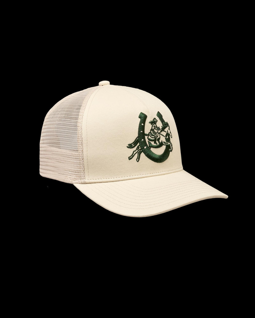 Quarterfront view of Lucky Cowgirl Trucker - Cream on plain background