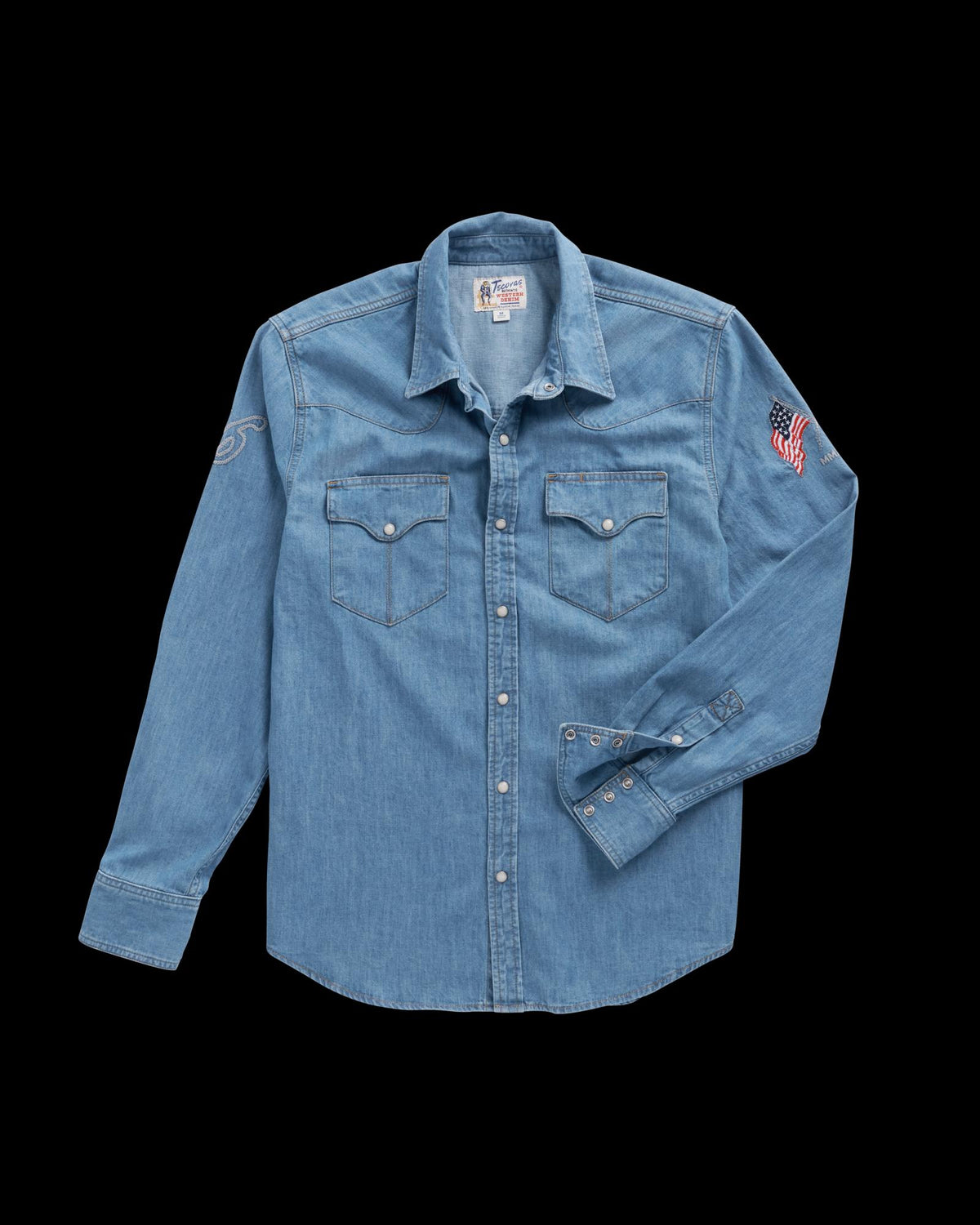 Closeup detail view of Men's Denim Pearl Snap LS - Turquoise / Multi
