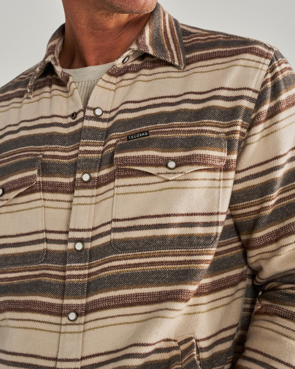 Closeup detail view of Men's Blanket CPO Shacket - Khaki / Multi
