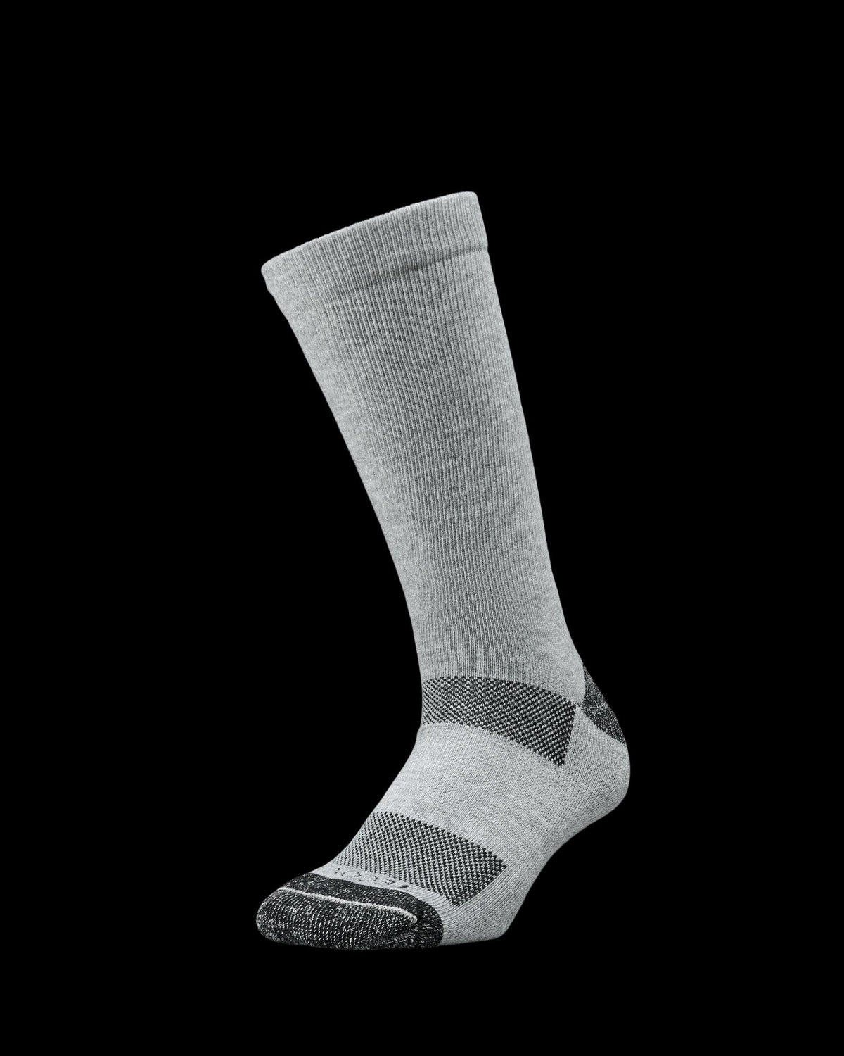 A single gray crew sock with dark gray reinforced heel, toe, and arch, displayed upright on a plain white background.