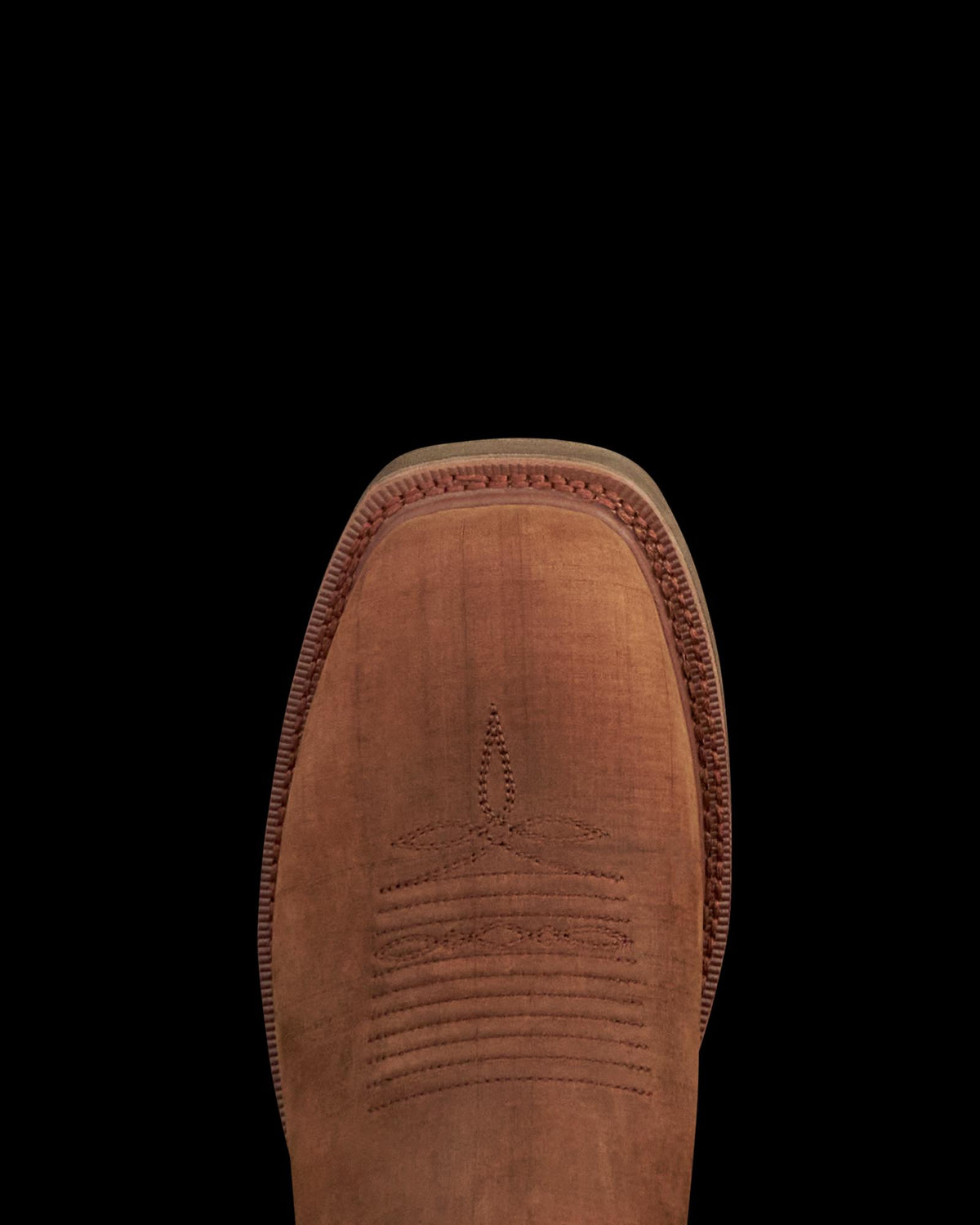 Toe view of LongHaul Waterproof Square Soft Toe Work Boot - Rust Cowhide on plain background