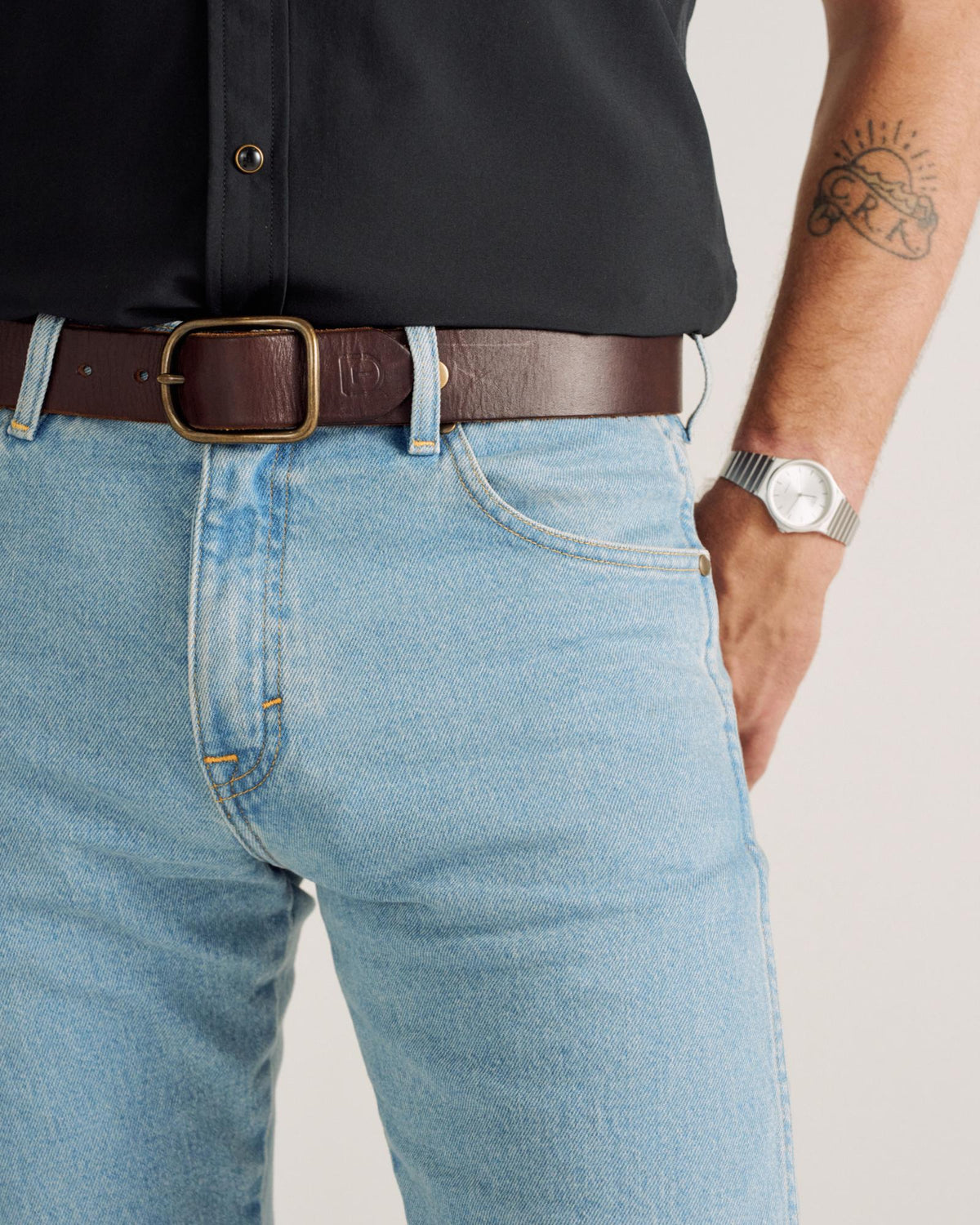 Closeup detail view of Men's Modern Bootcut Heritage Denim - Light Blue