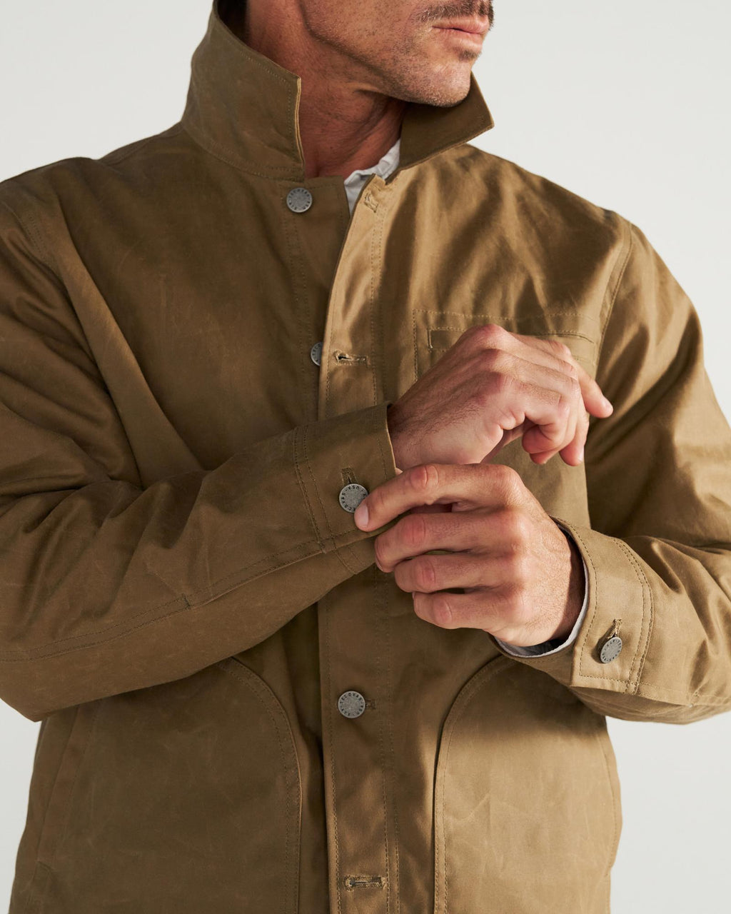 Closeup view of Men's Waxed Ranch Jacket - Field Tan