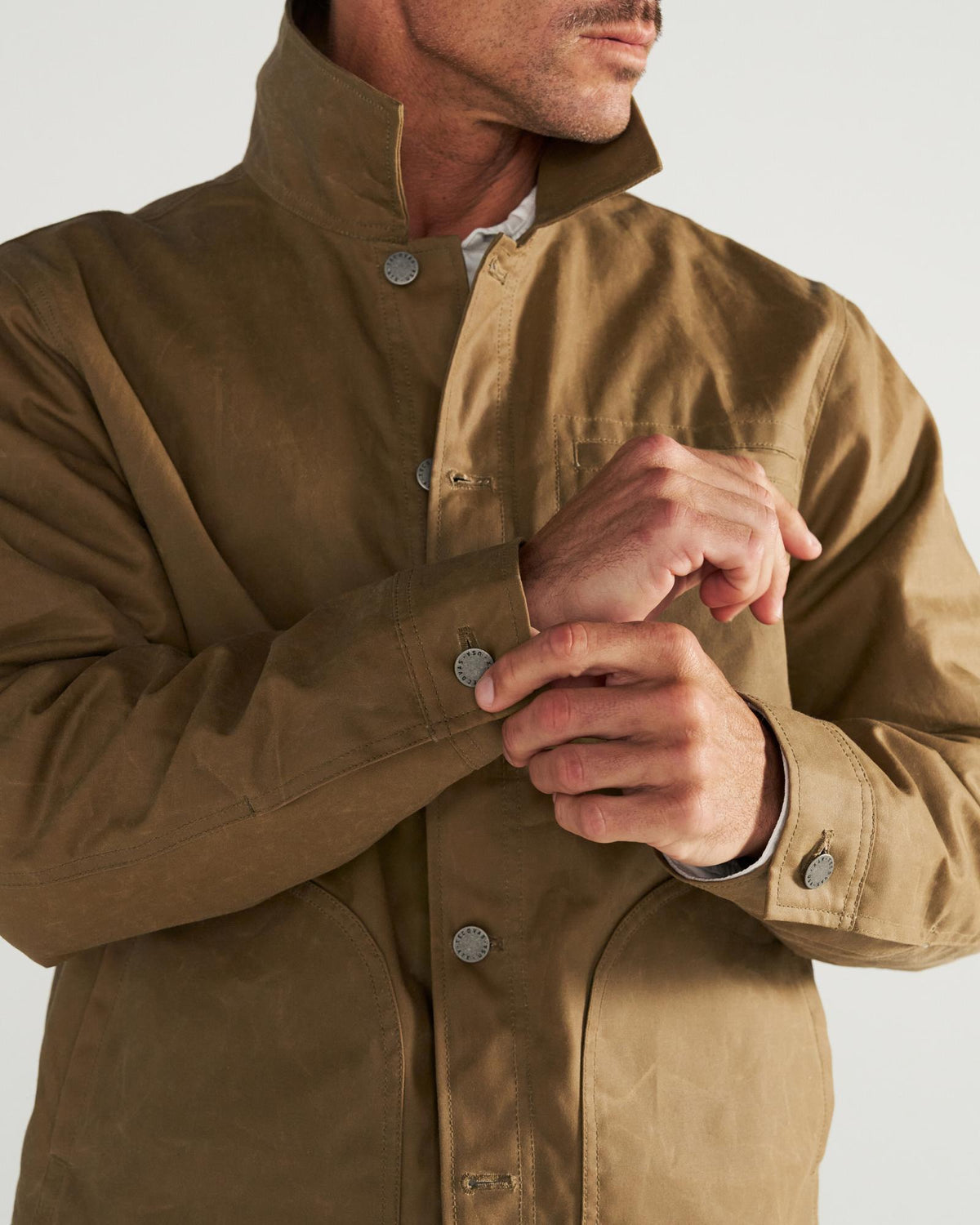 Closeup view of Men's Waxed Ranch Jacket - Field Tan
