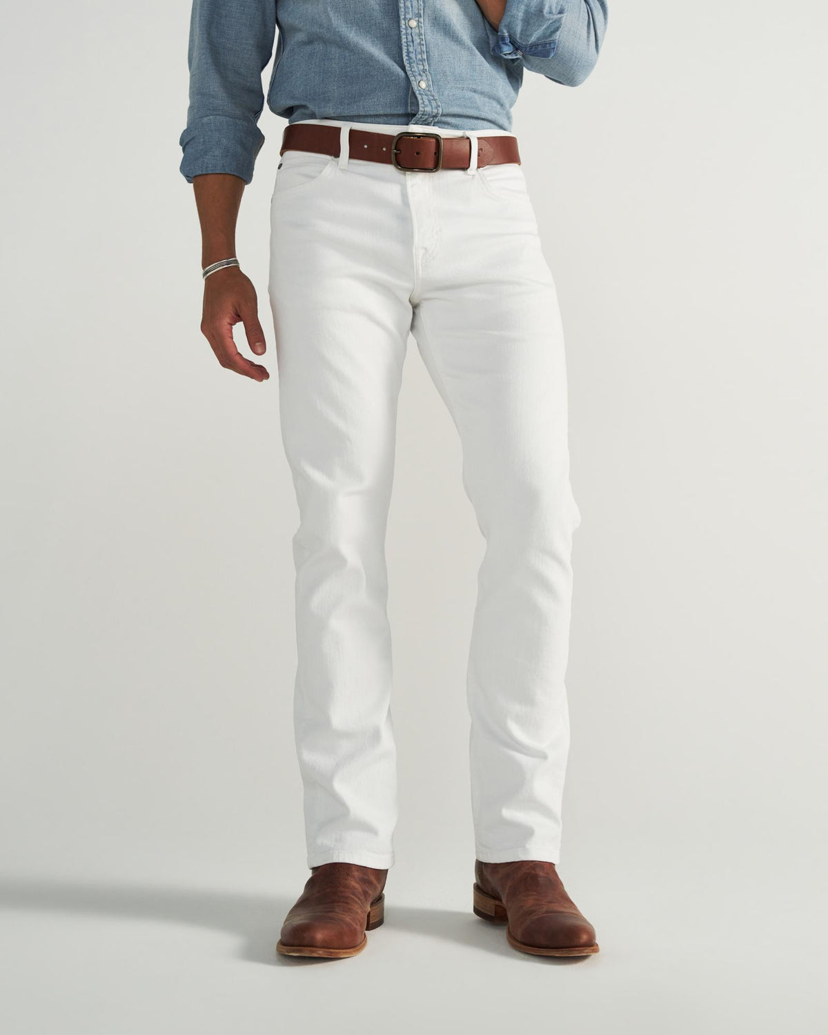 Front view of Men's Slim Straight Stretch Denim - White on model