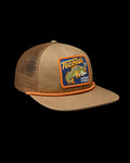 Quarterfront view of Live Bait and Tackle Flat Brim Trucker - Moss Brown on plain background