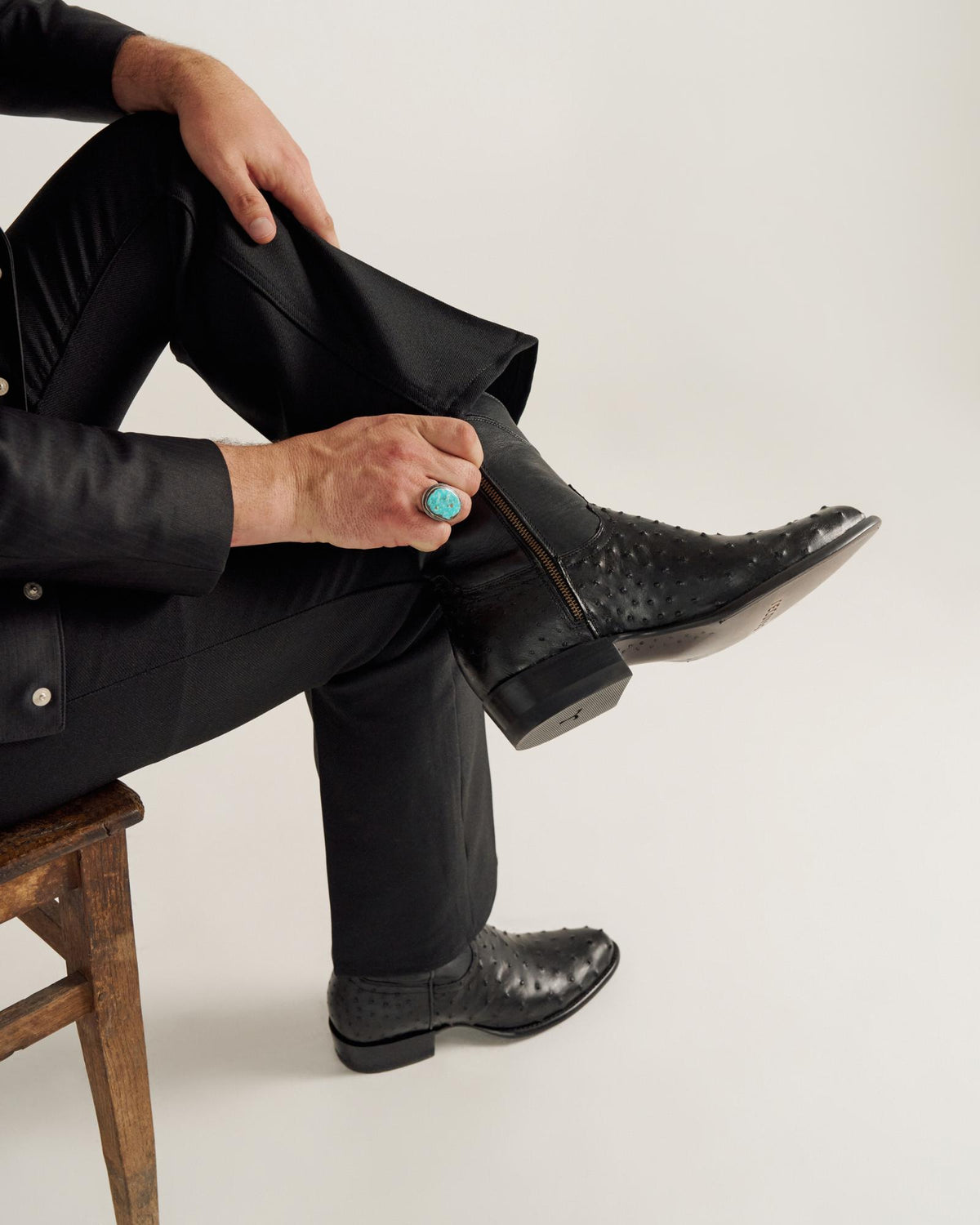 close up of Dean Midnight Black Zip Cowboy Boot on a man's feet 