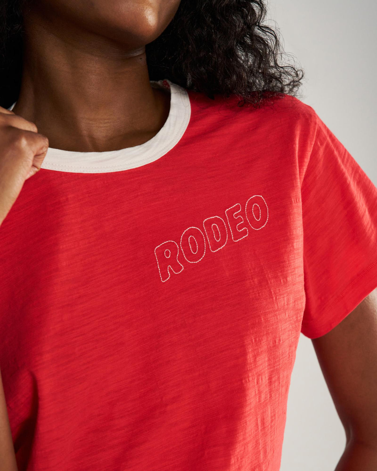 View of Women's Vintage Ringer Tee - Poinsettia/Bone
