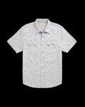Closeup detail view of Men's Vintage Weight Short Sleeve Pearl Snap - Light Gray/Atlantic