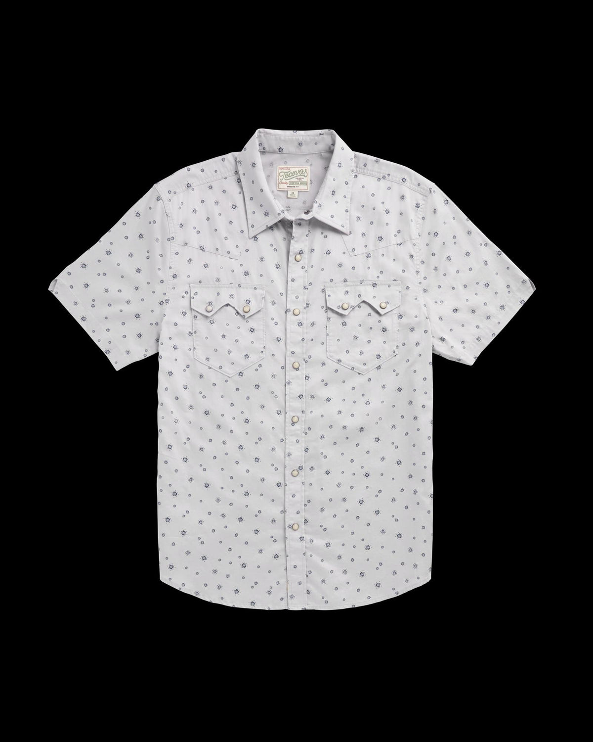 Closeup detail view of Men's Vintage Weight Short Sleeve Pearl Snap - Light Gray/Atlantic