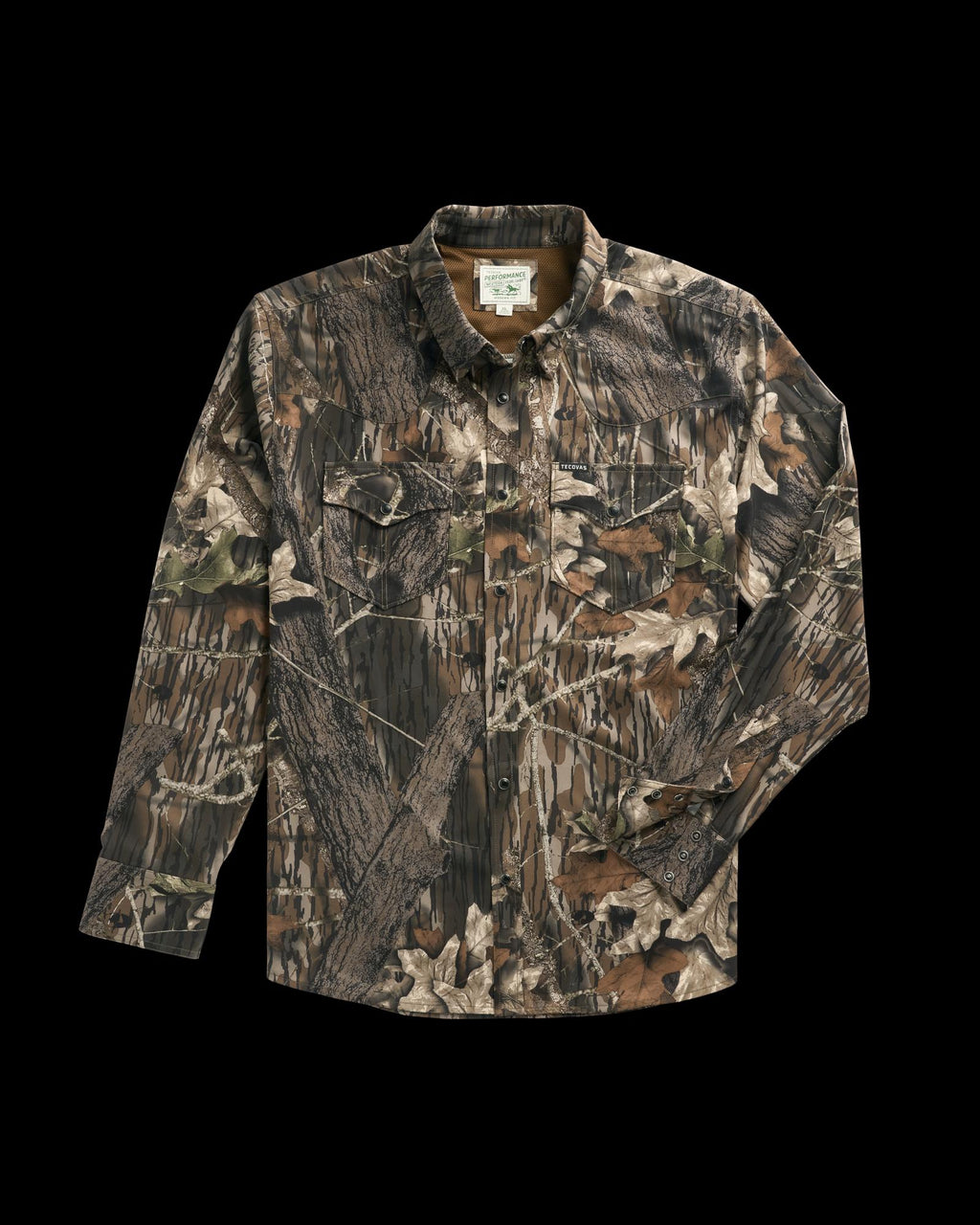Front view of Men's Tecovas x Mossy Oak Performance Western - Original Break-Up on plain background
