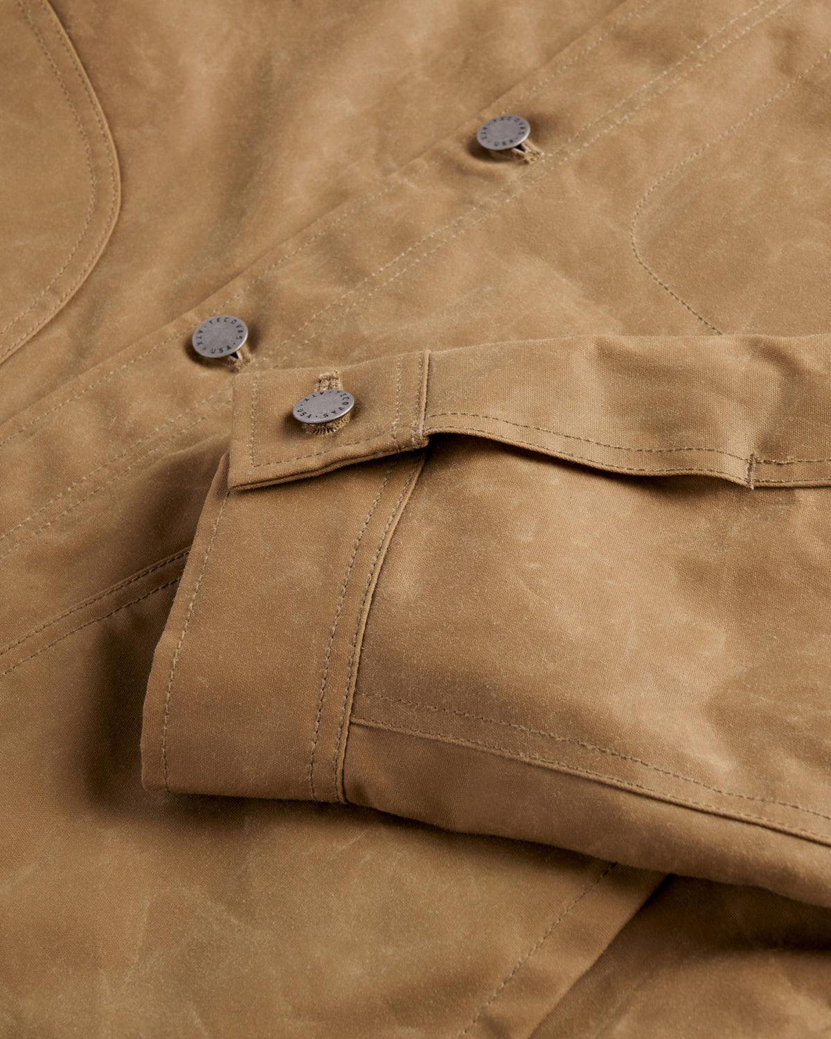 Closeup view of Men's Waxed Ranch Jacket - Field Tan