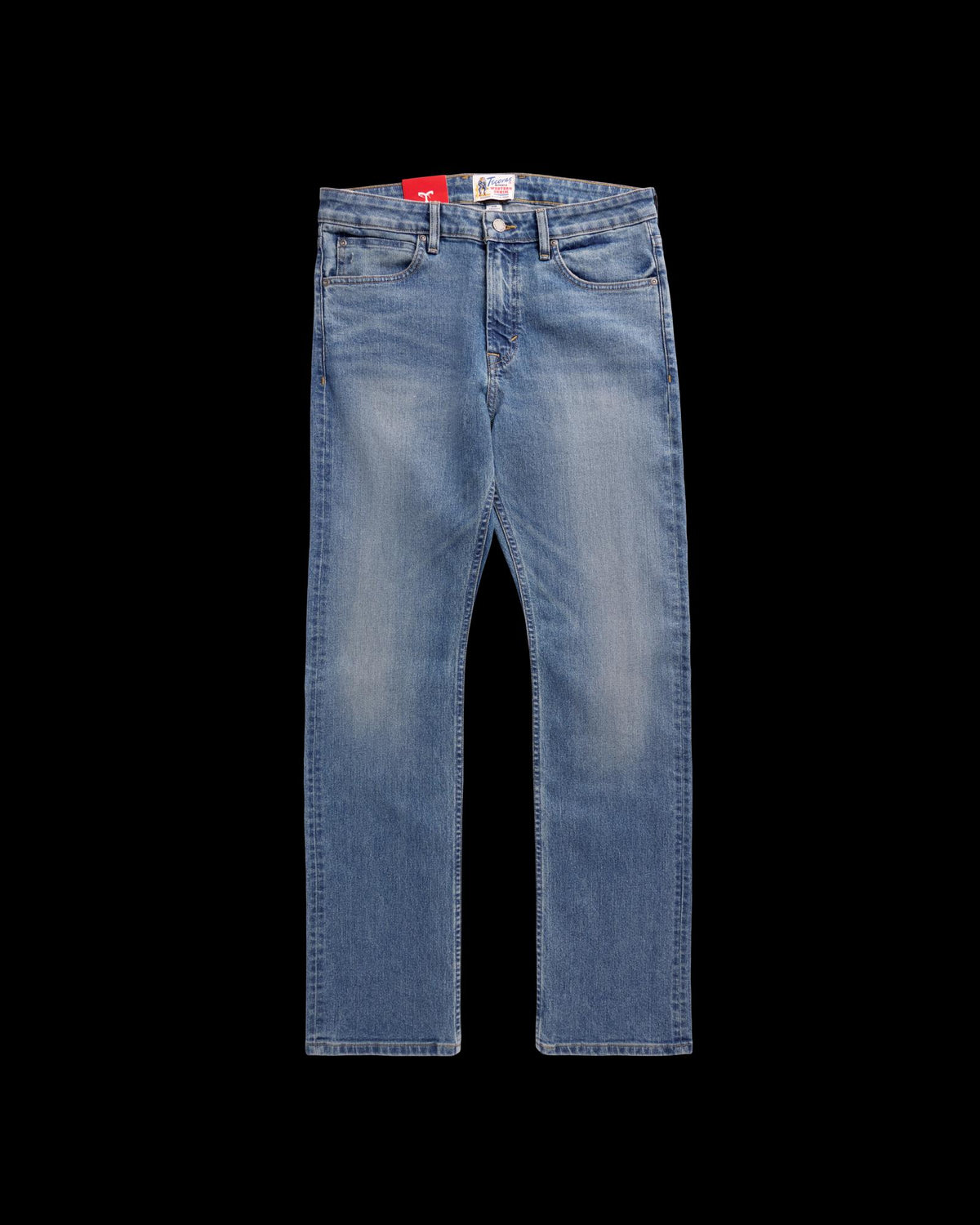 Front view of Men's Slim Straight Stretch Denim - Medium Light on plain background