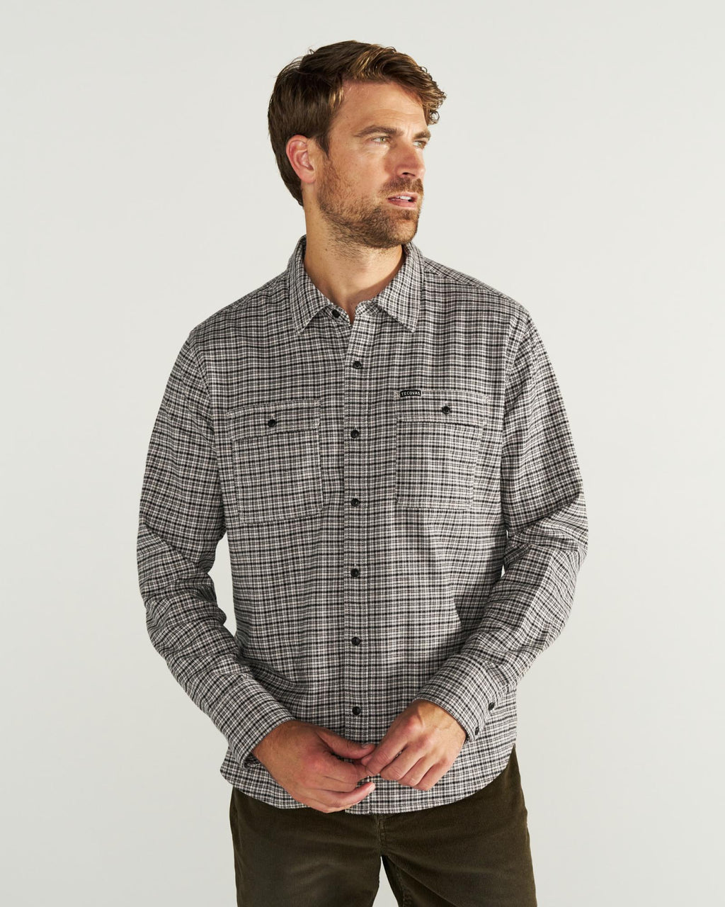 Front view of Men's Essential Flannel - Black/Multi on model