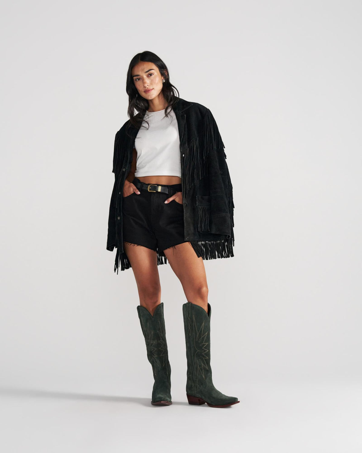 Full view of The Loretta - Hunter Green Suede on model