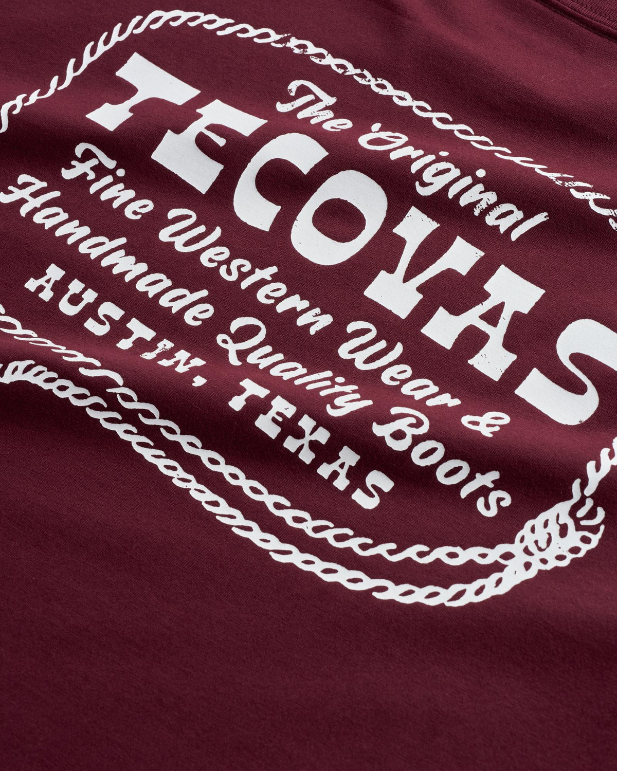 Closeup view of Men's Original Tecovas Rope Tee - Port / Bone