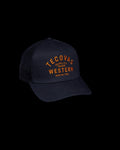 Quarterfront view of Quality Made Trucker Hat - Black/Orange on plain background
