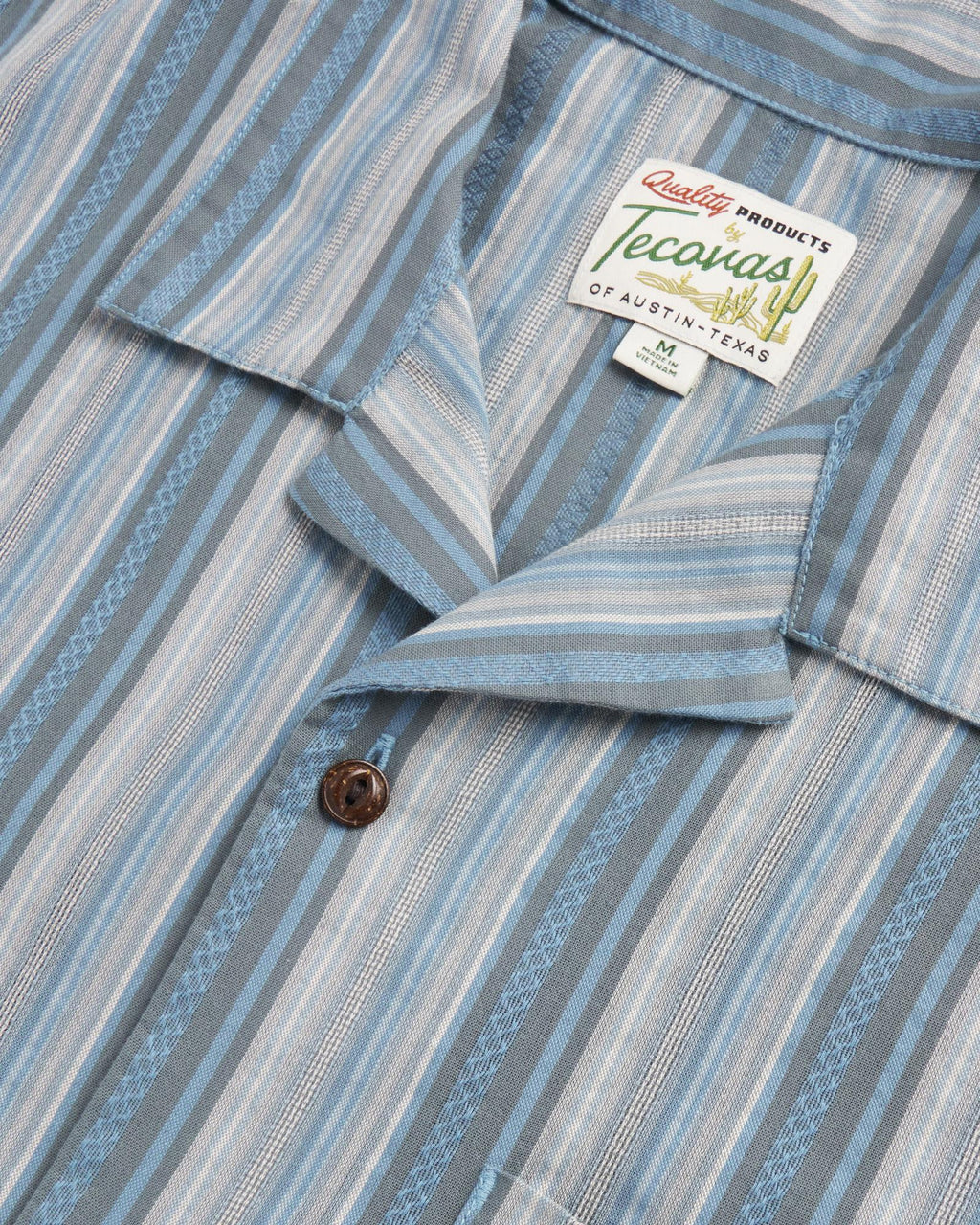 Closeup detail view of Men's Dobby Camp Shirt - Atlantic/Chambray