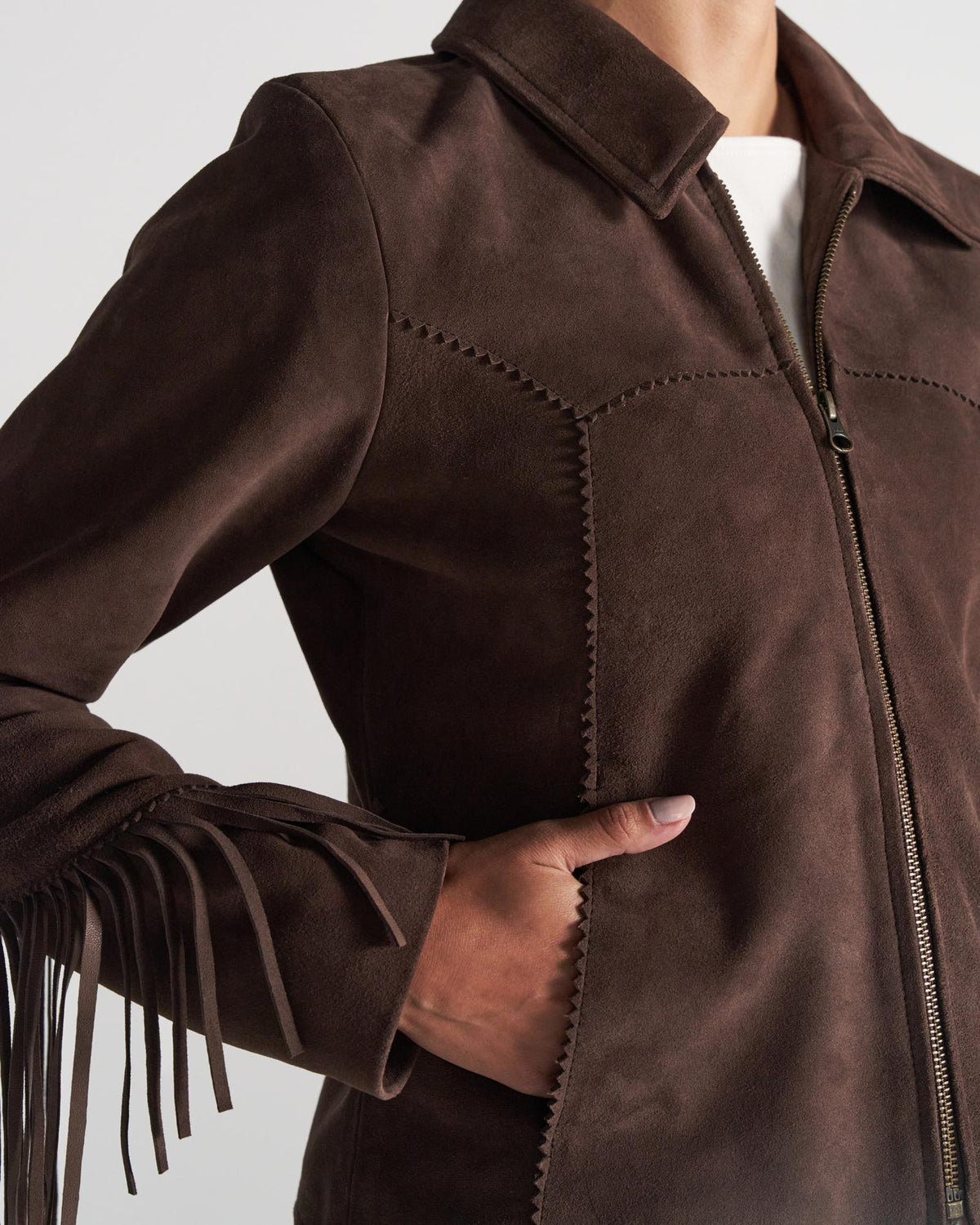 Closeup detail view of Women's Suede Fringe Jacket - Chocolate Brown