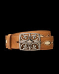 Tan leather belt with white stitching and cutout details, featuring an ornate silver buckle with a decorative pattern.