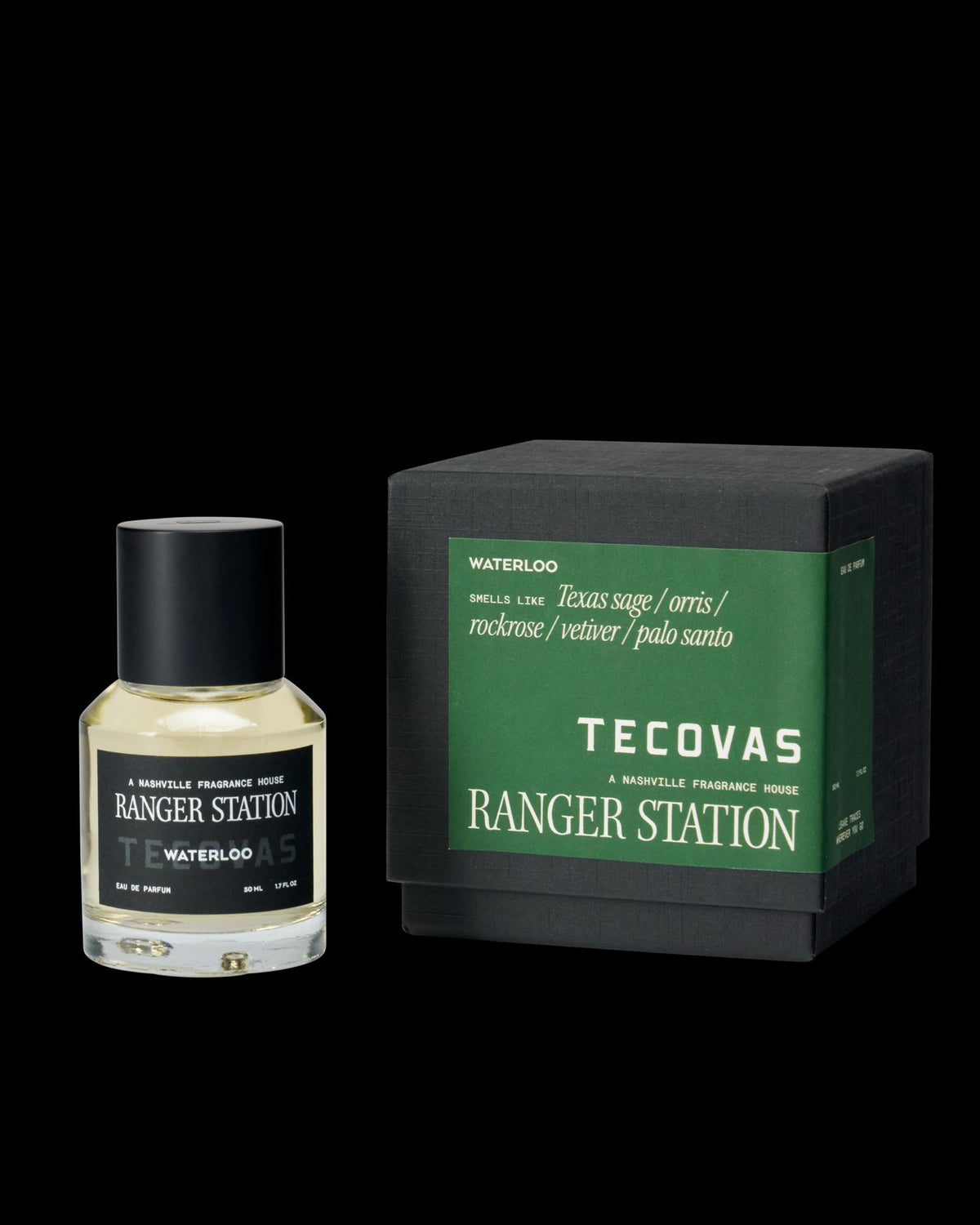A bottle of Ranger Station Waterloo fragrance sits next to its box, which lists notes including Texas sage, orris, rockrose, vetiver, and palo santo. Both items are labeled Tecovas.
