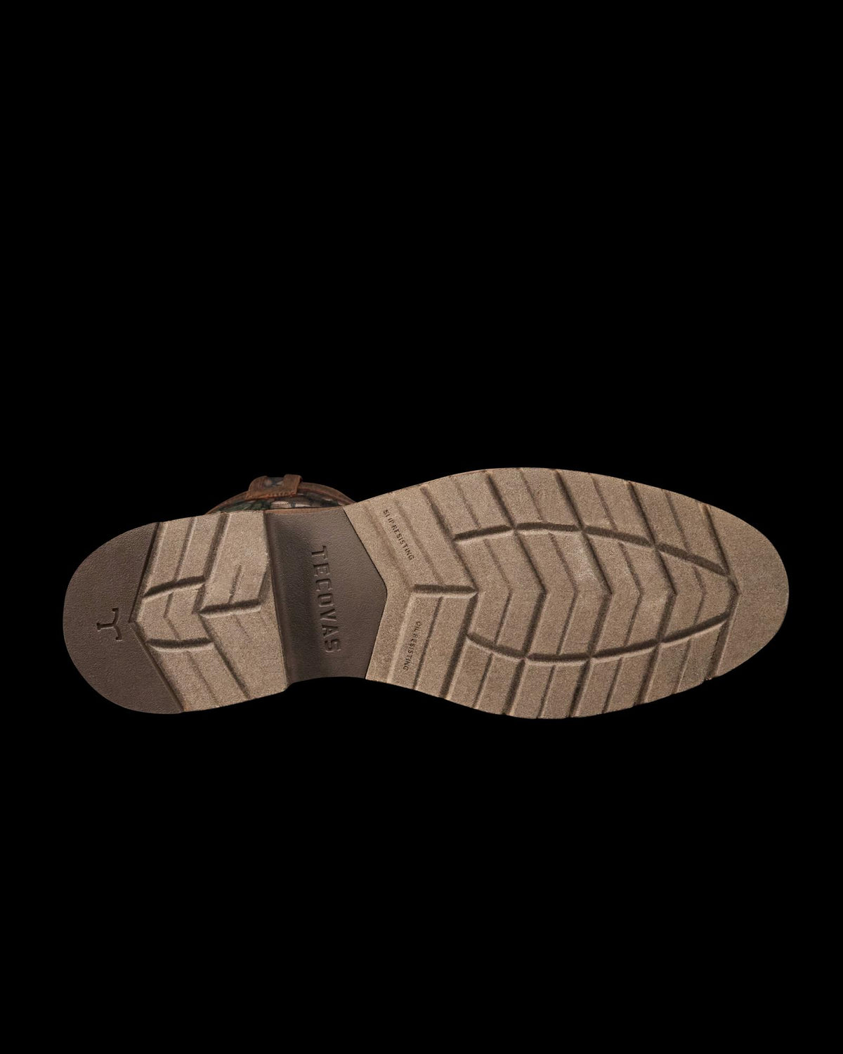 Sole view of Tecovas x Mossy Oak Rugged Roper - Full Foliage Cowhide on plain background