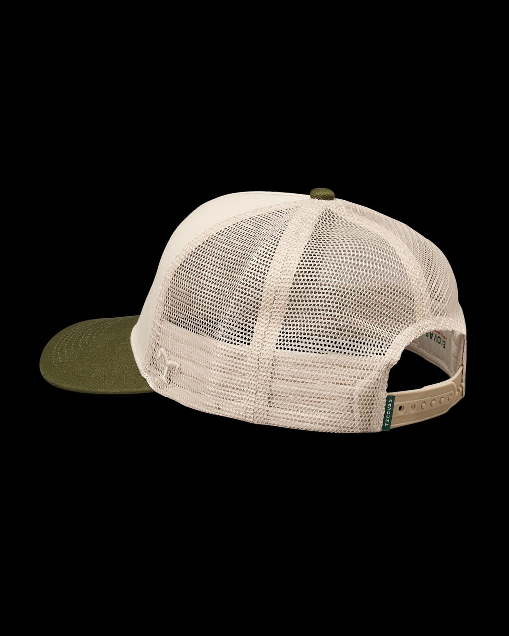 Quarterback view of Bison Trucker - Cream/Moss on plain background