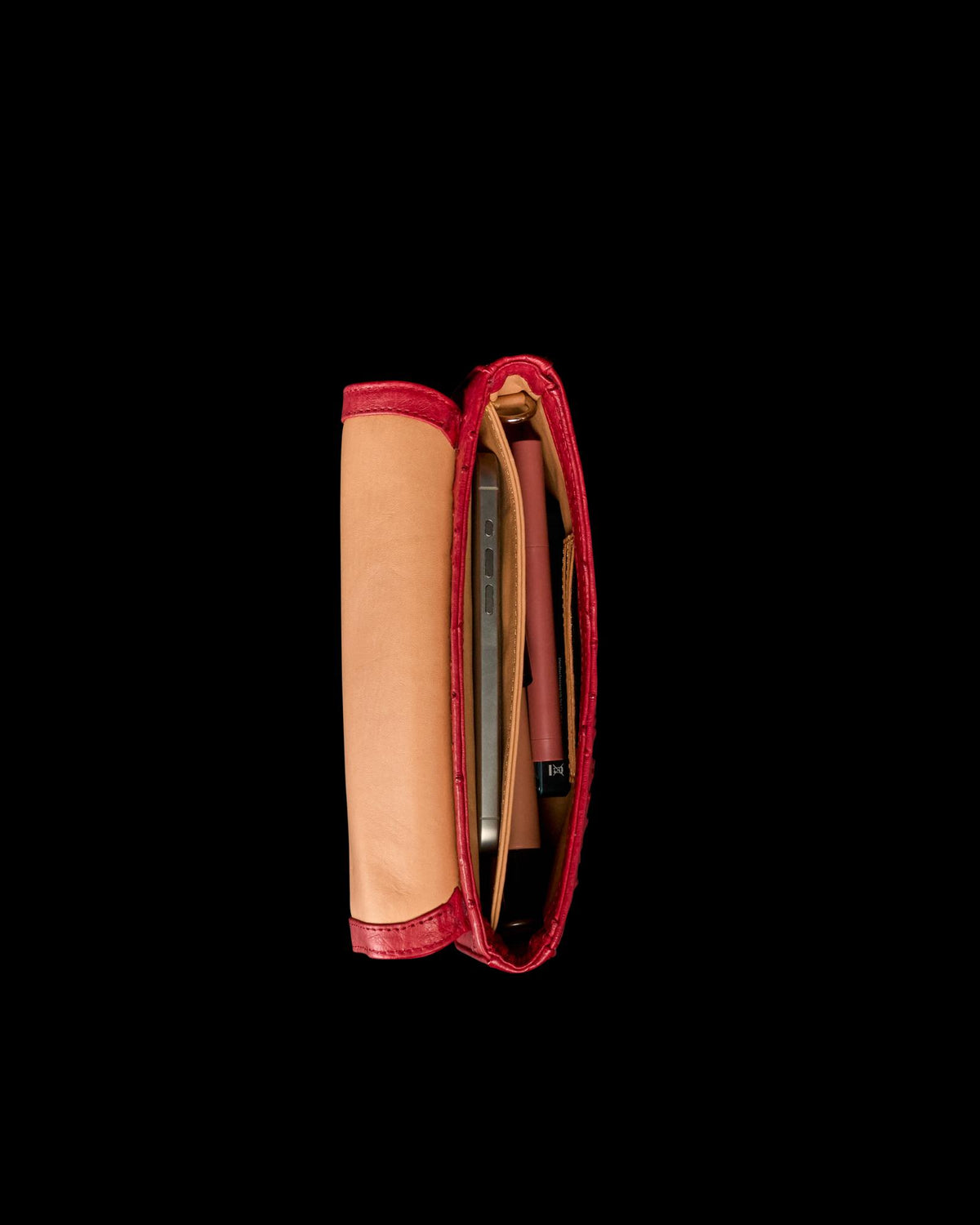Inside view of Ostrich Flap Shoulder Bag - Barn Red on plain background