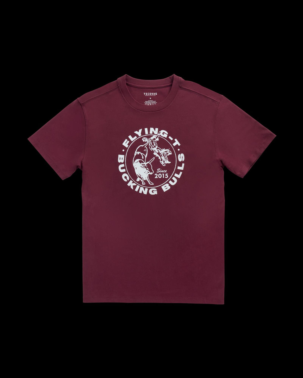A maroon short-sleeve t-shirt with a white graphic of a bull and rider, and the text "FLYING-T BUCKING BULLS 2015" on the front.