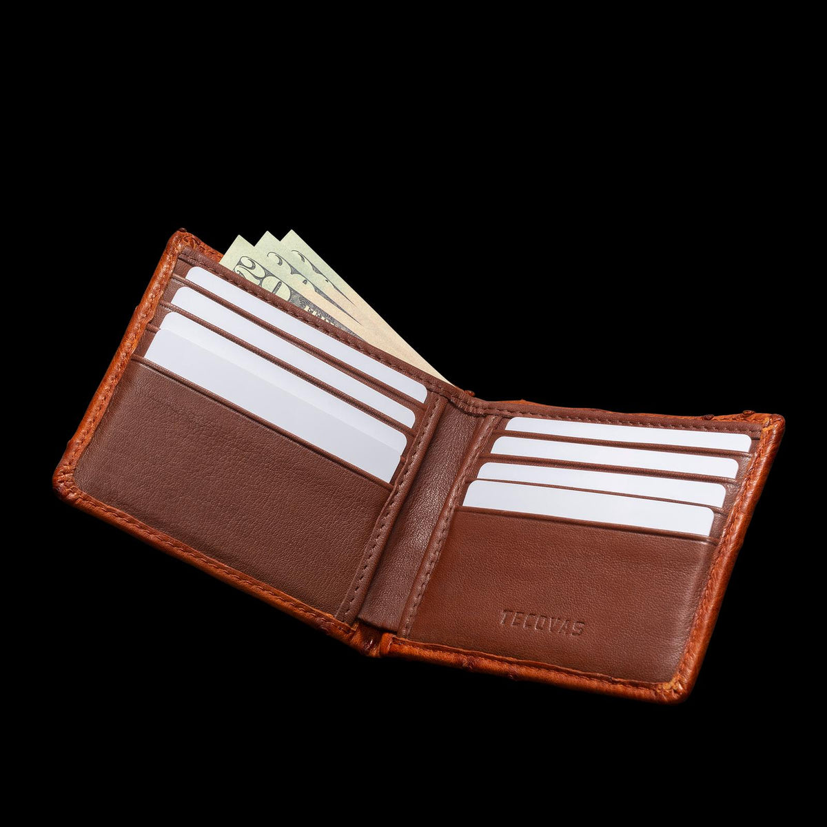 Inside view of Ostrich Billfold - Pecan on plain background