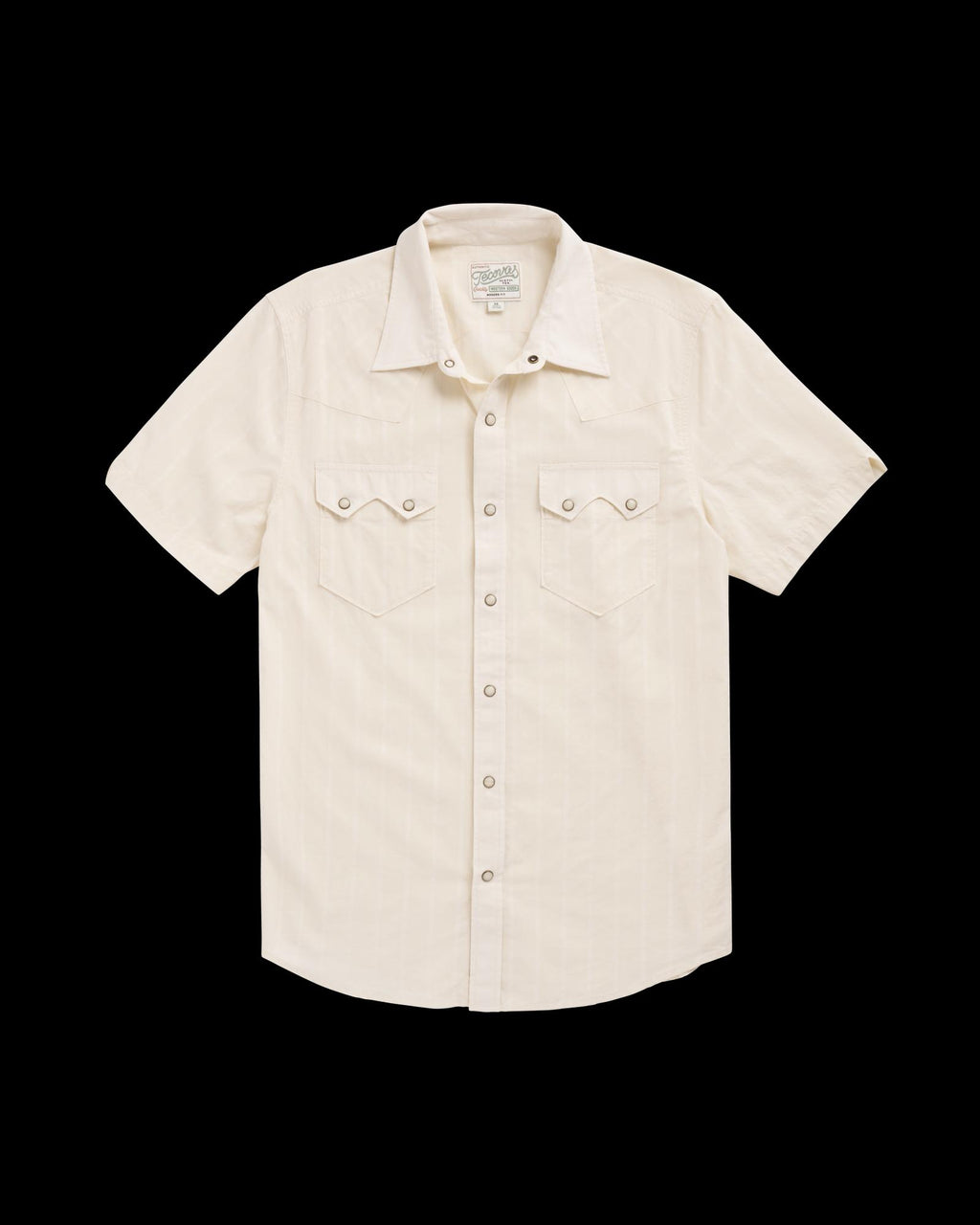 Closeup detail view of Men's Vintage Weight Short Sleeve Pearl Snap - Light Sand/Multi