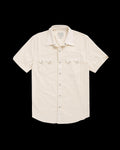 Closeup detail view of Men's Vintage Weight Short Sleeve Pearl Snap - Light Sand/Multi