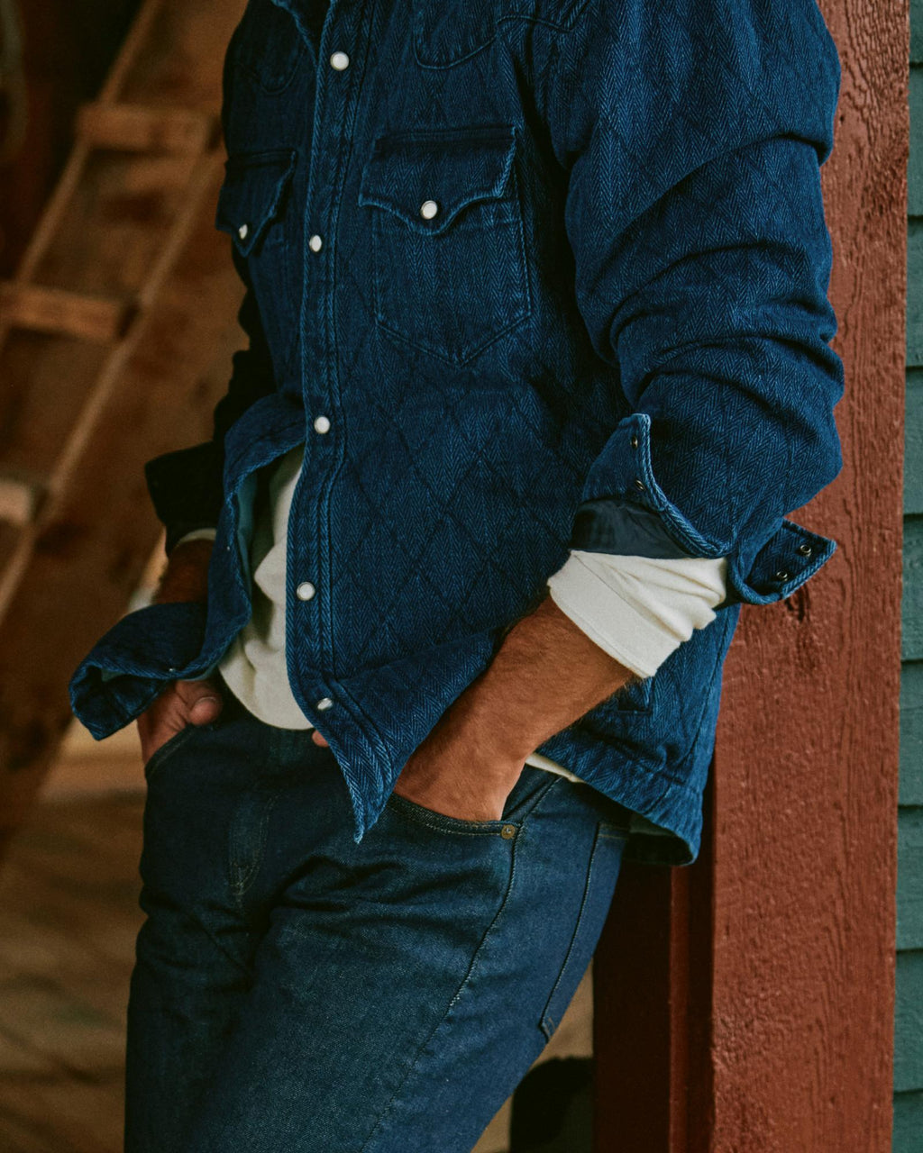 View of Men's Quilted Herringbone Shacket - Indigo