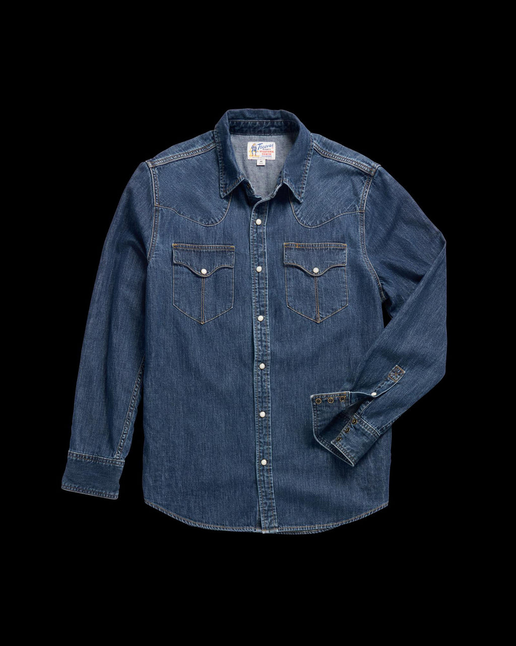 Closeup detail view of Men's Long Sleeve Denim Pearl Snap - Dark Wash