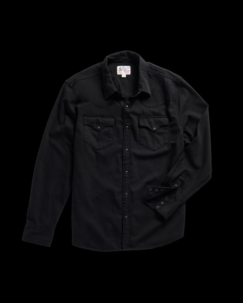 Closeup detail view of Men's Denim Long Sleeve Pearl Snap - Black