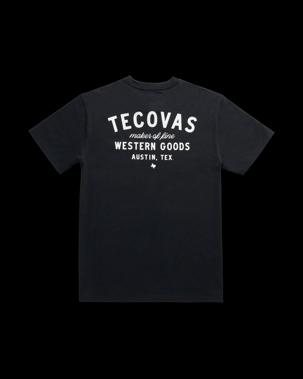 Black short-sleeve t-shirt featuring white text that reads "Tecovas maker of fine Western Goods Austin, Tex." on the back.