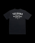 Black short-sleeve t-shirt featuring white text that reads "Tecovas maker of fine Western Goods Austin, Tex." on the back.