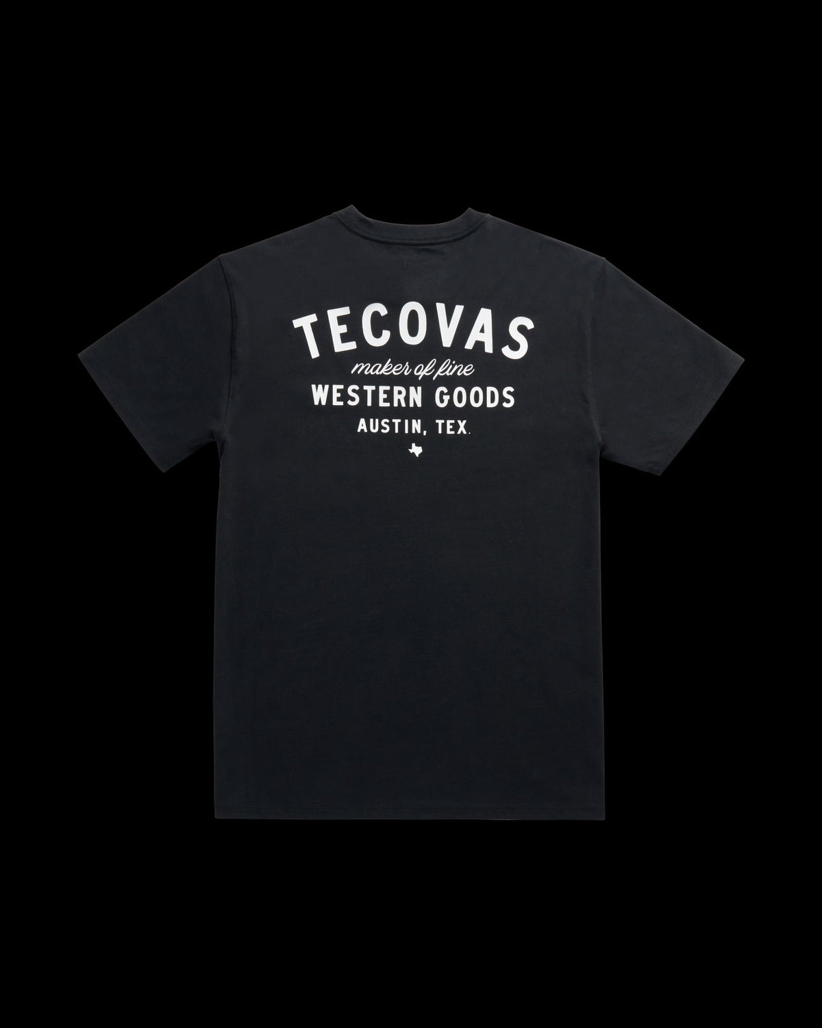 Black short-sleeve t-shirt featuring white text that reads "Tecovas maker of fine Western Goods Austin, Tex." on the back.
