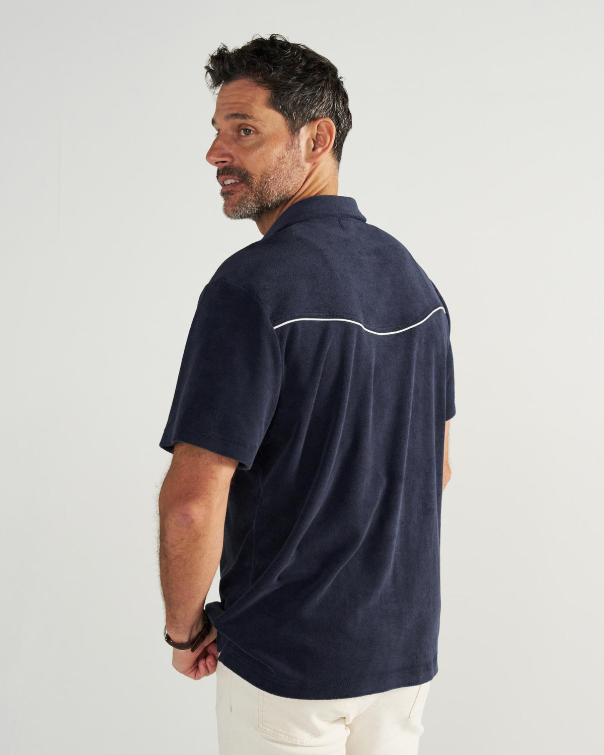 Closeup detail view of Men's Terry Pearl Snap - Navy