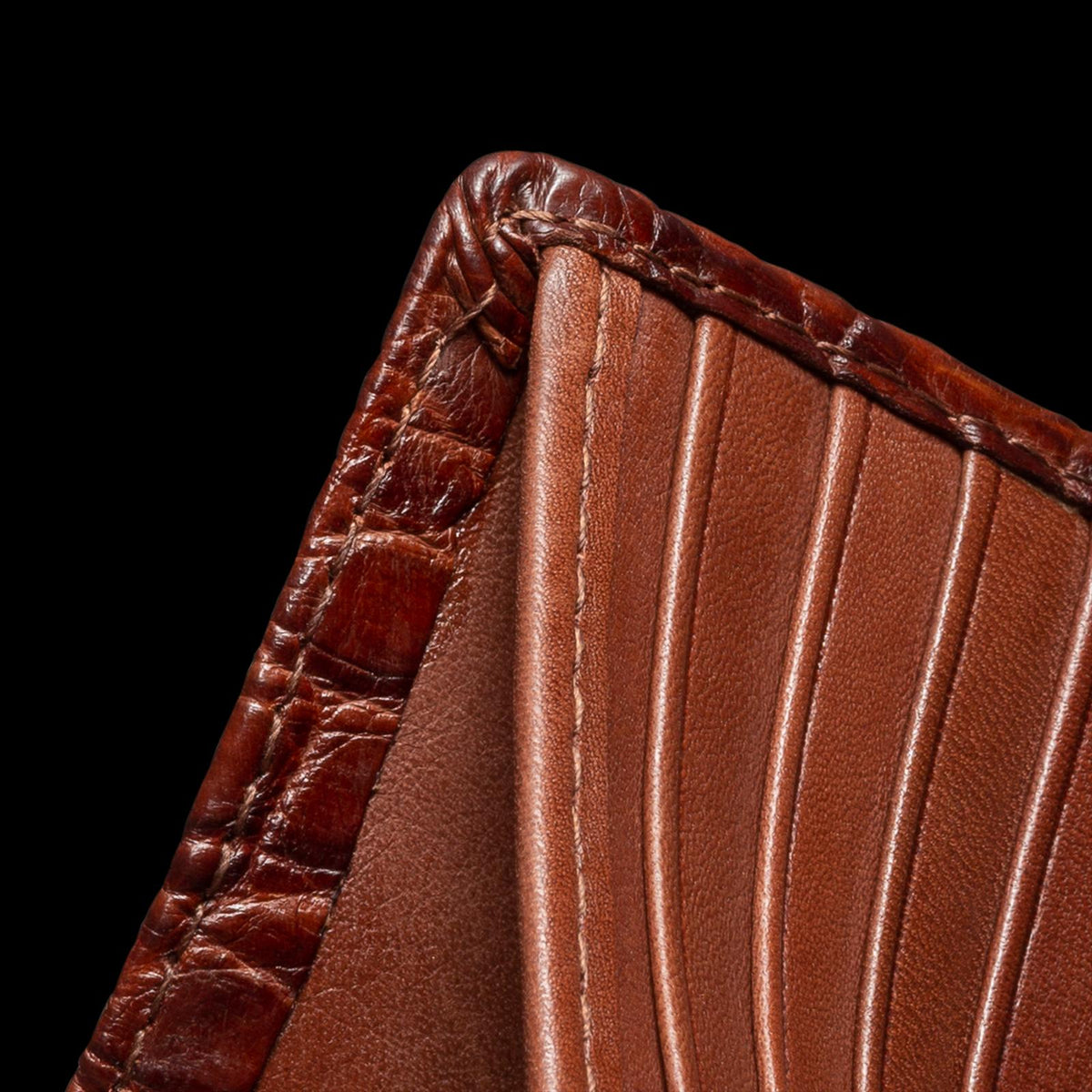 Closeup view of Alligator Billfold - Walnut