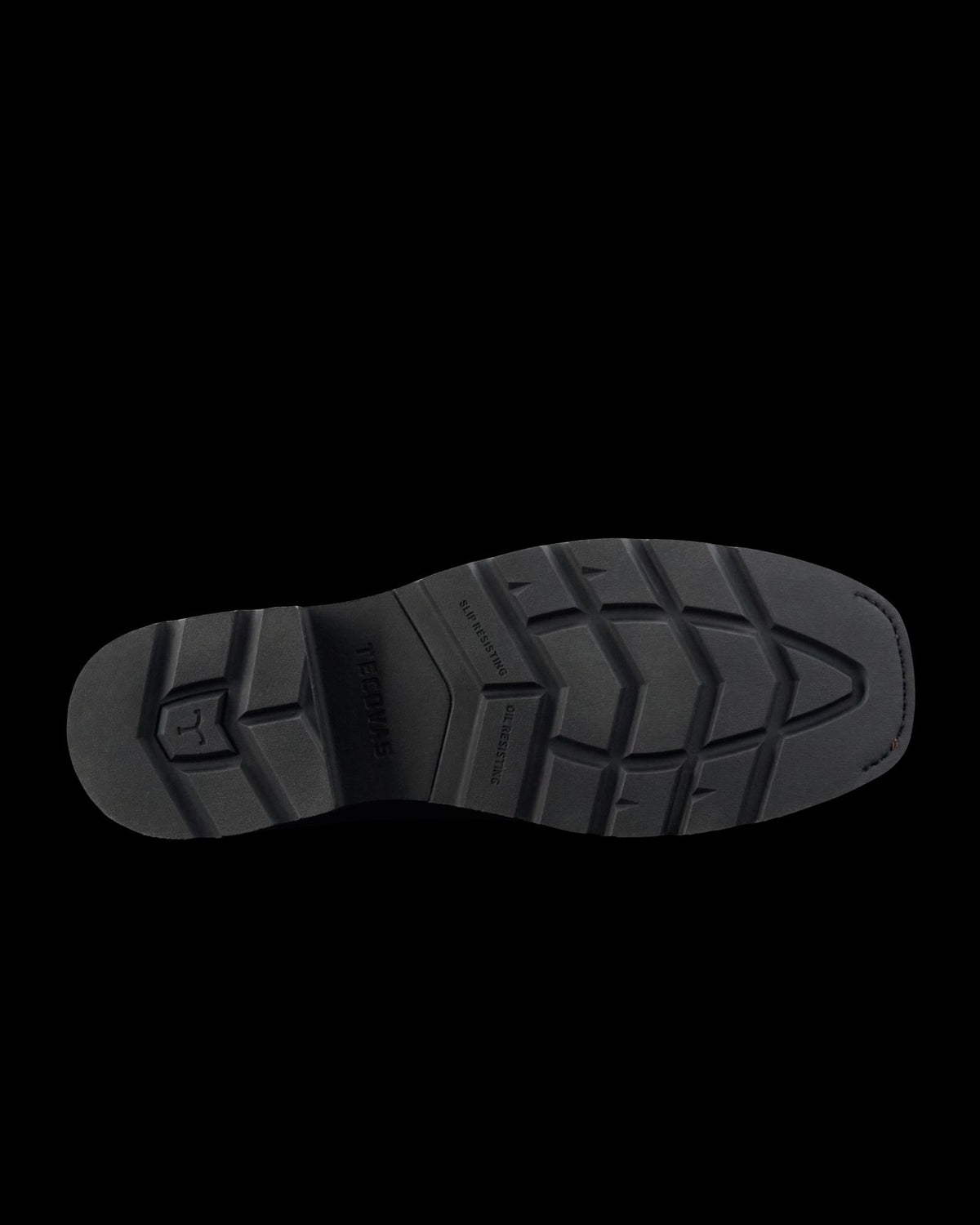 LongHaul Waterproof Square Composite Toe Work Boot in Tobacco / Black Cowhide. Black rubber shoe sole with geometric tread pattern, featuring the Under Armour logo and molded text on the heel and arch areas, designed to pair perfectly with Tobacco / Black Cowhide uppers.