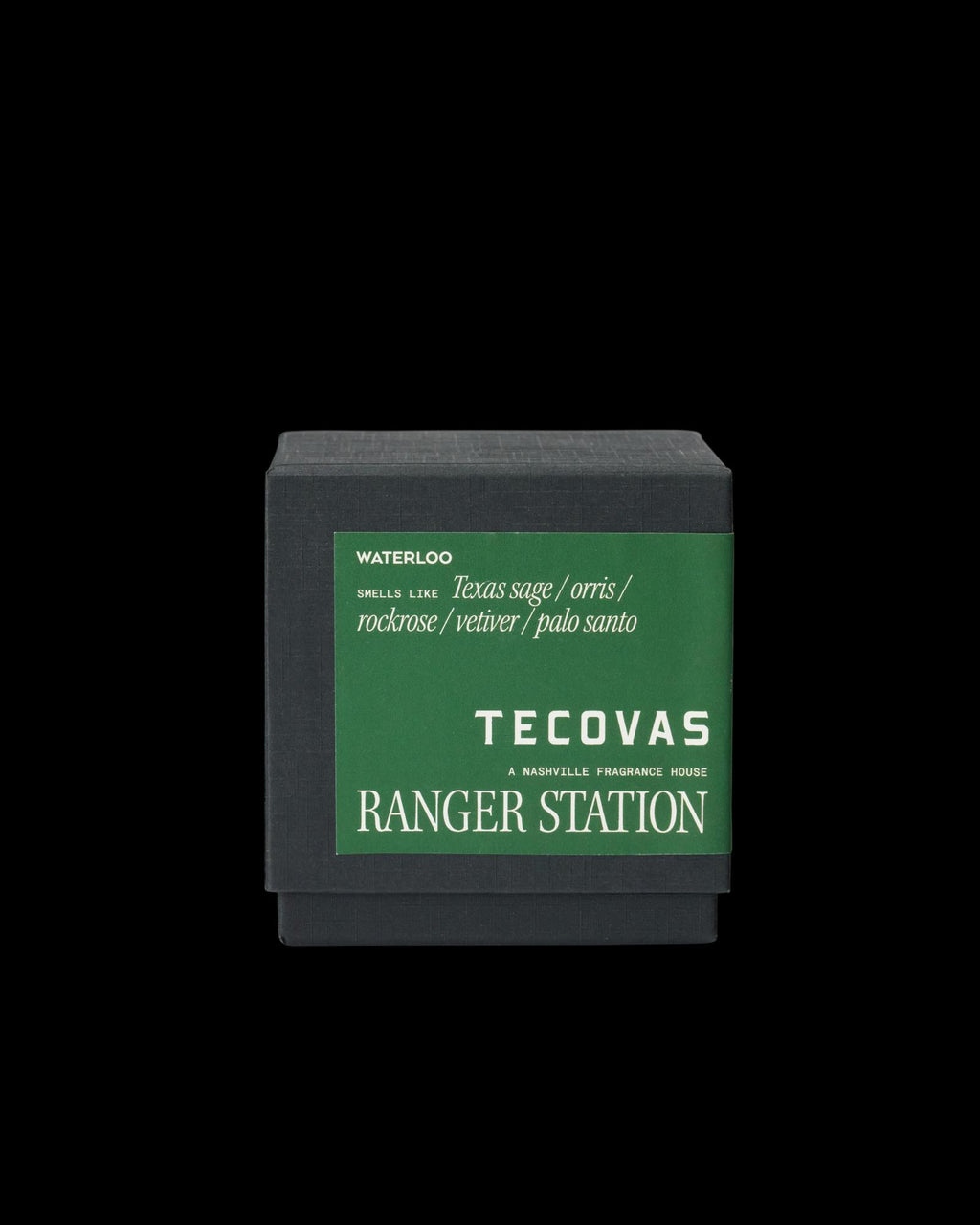 A black box labeled "TECOVAS RANGER STATION" with a green label describing the scent as Texas sage, orris, rockrose, vetiver, and palo santo.