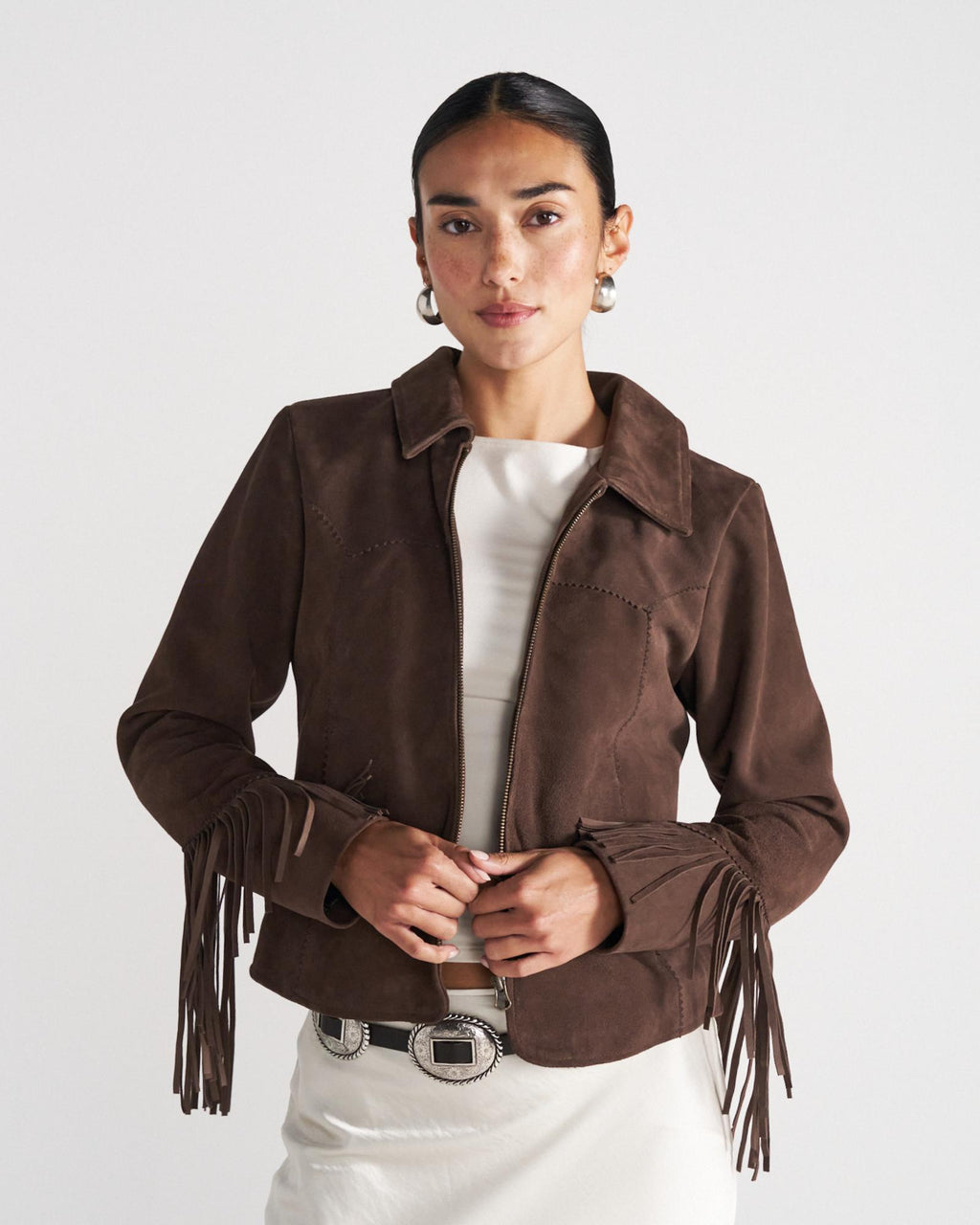 Closeup detail view of Women's Suede Fringe Jacket - Chocolate Brown