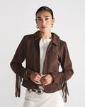 Closeup detail view of Women's Suede Fringe Jacket - Chocolate Brown