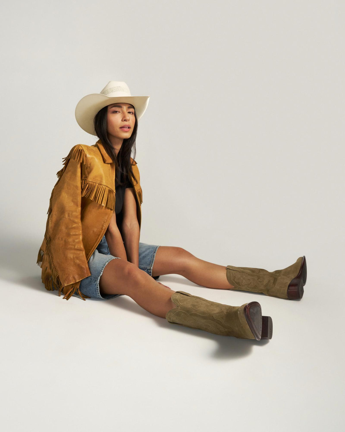 Full view of The Jamie Crossroad - Olivewood Deer Roughout on model